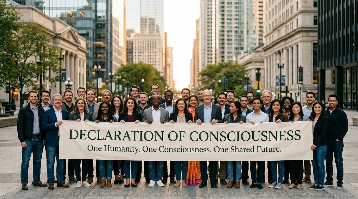 A diverse crowd gathered under a DECLARATION OF CONSCIOUSNESS banner — One Humanity, One Consciousness, One Shared Future