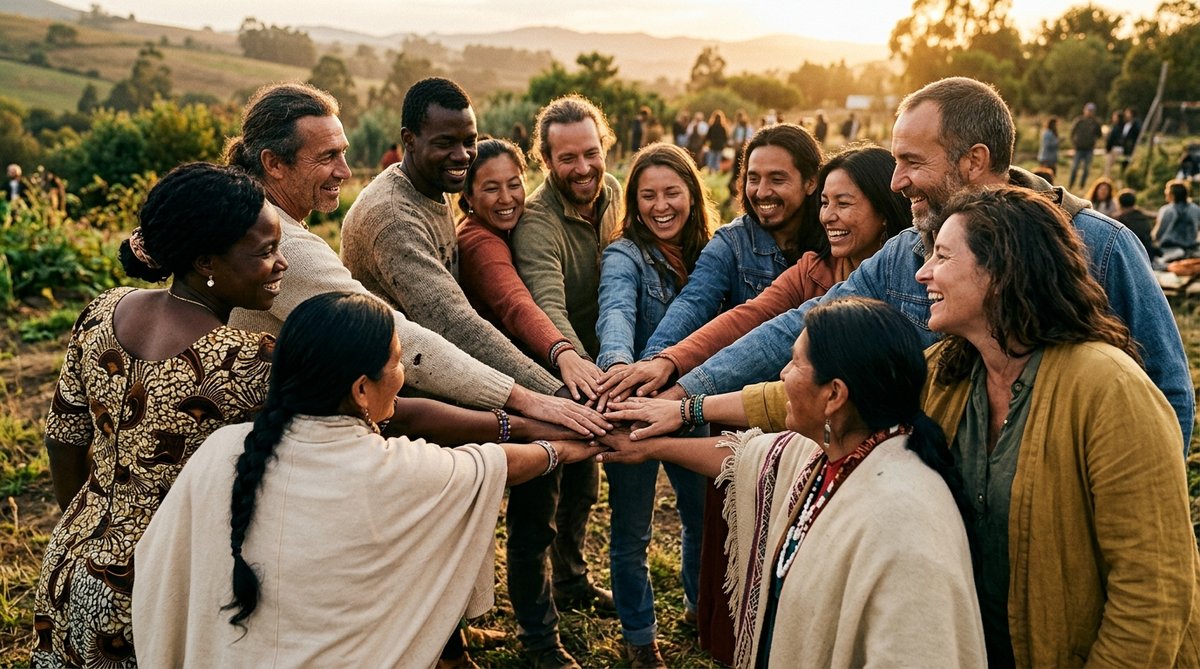 Hands of people from every continent stacked together in unity