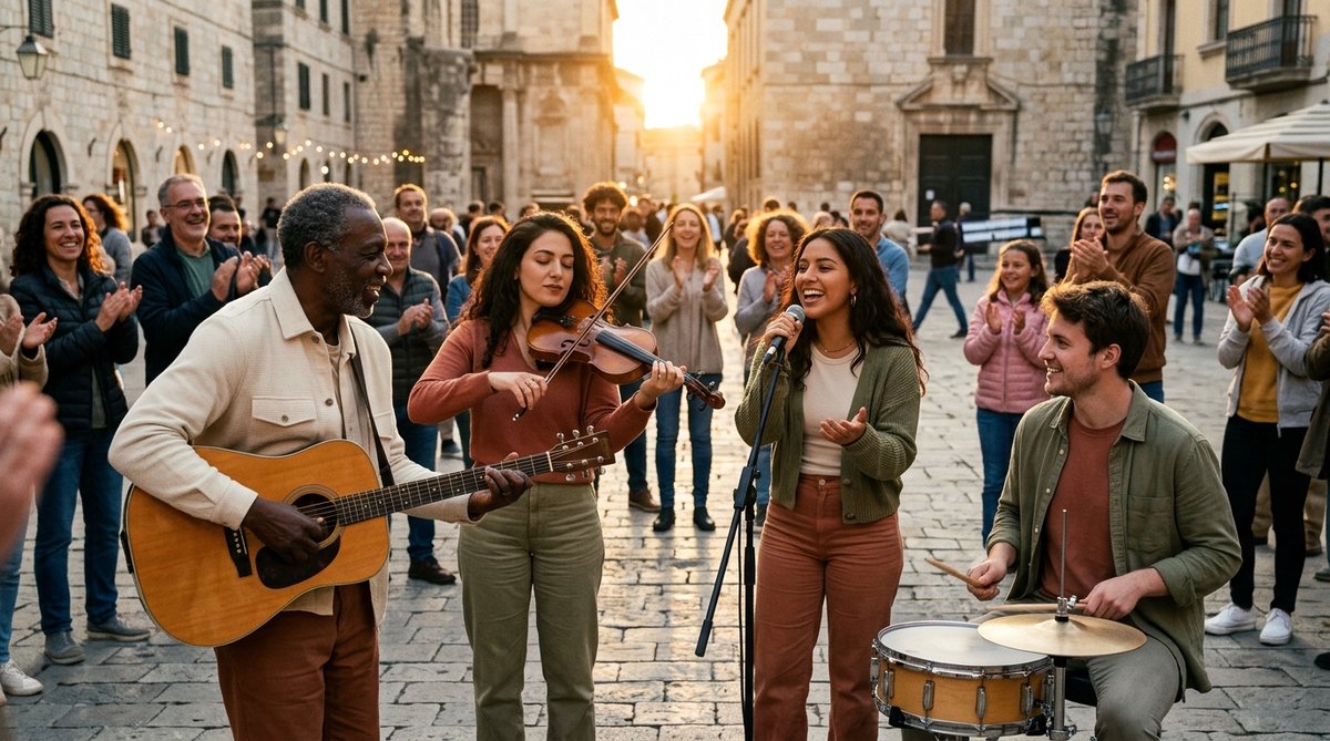 Musicians of many cultures performing together at sunset